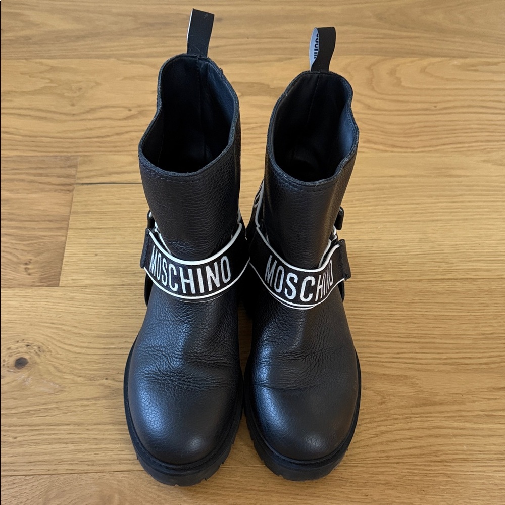Moschino Black Ankle Booties with Logo Strap
